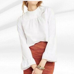 Maeve Anthropologie White Cotton Bell Sleeve Ruffle Blouse Top US 6 / EU 38